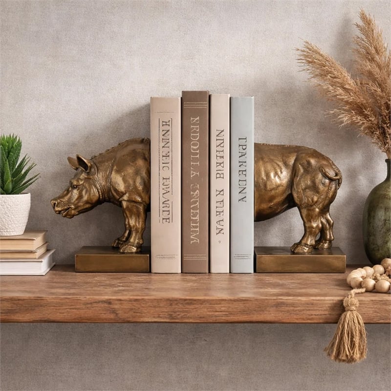 Nimy Decorative Bookend Set of 2- Jungle Rhinoceros- Bronze Polyresin