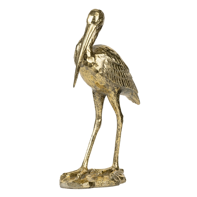 Standing Crane Figurine- 16 Inch Antique Gold Resin- Textured Feathers