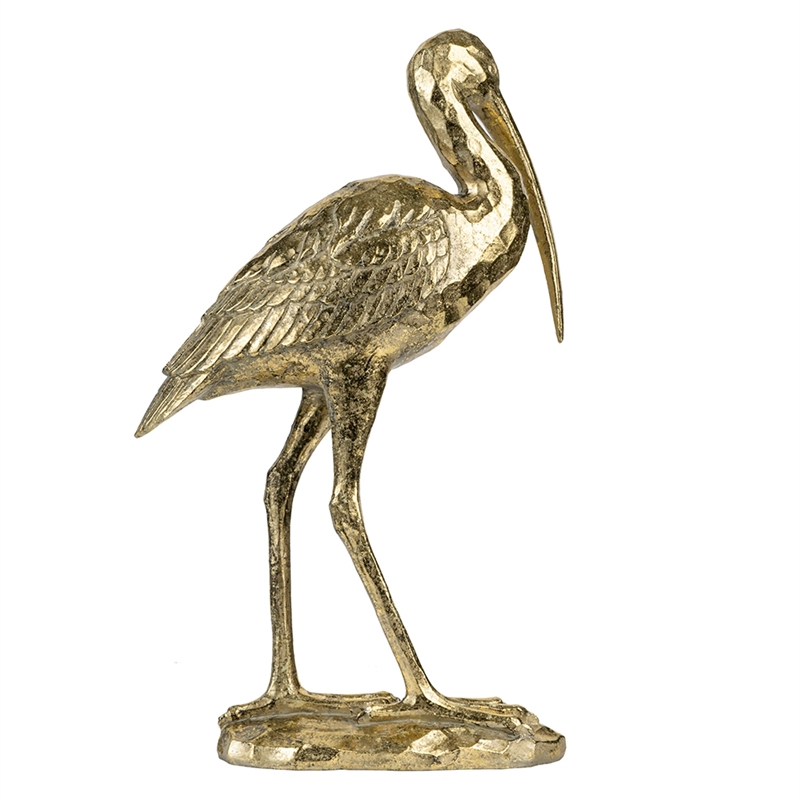Standing Crane Figurine- 16 Inch Antique Gold Resin- Textured Feathers