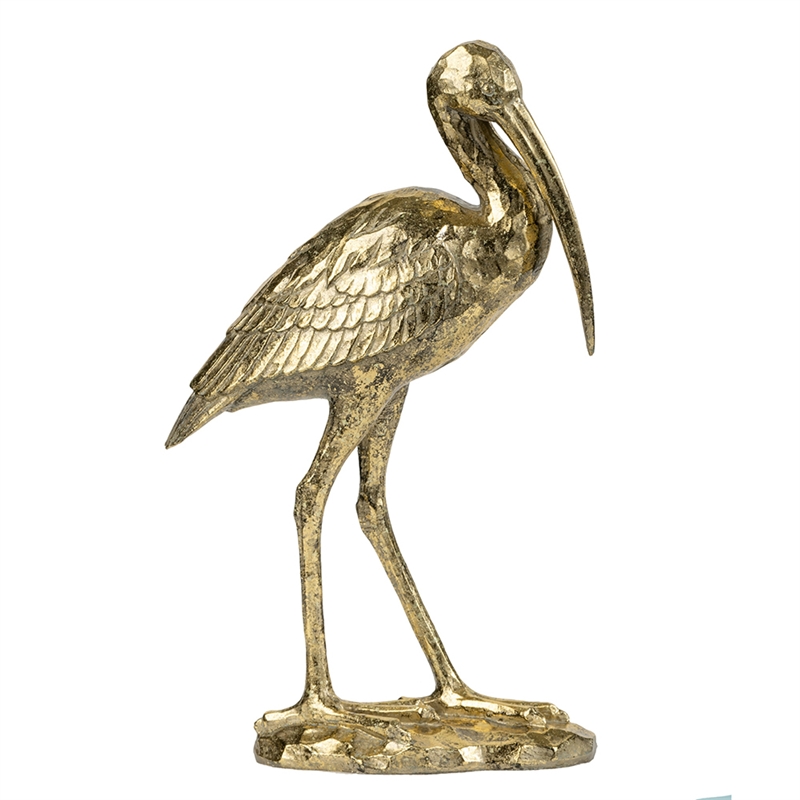 Standing Crane Figurine- 16 Inch Antique Gold Resin- Textured Feathers