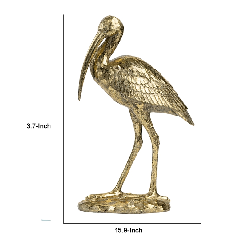 Standing Crane Figurine- 16 Inch Antique Gold Resin- Textured Feathers