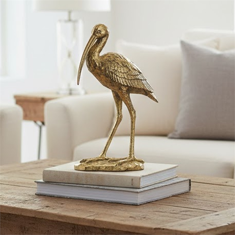 Standing Crane Figurine- 16 Inch Antique Gold Resin- Textured Feathers