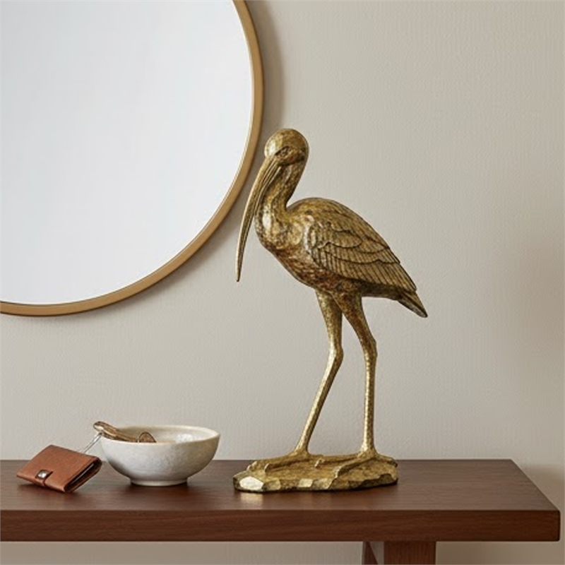 Standing Crane Figurine- 16 Inch Antique Gold Resin- Textured Feathers