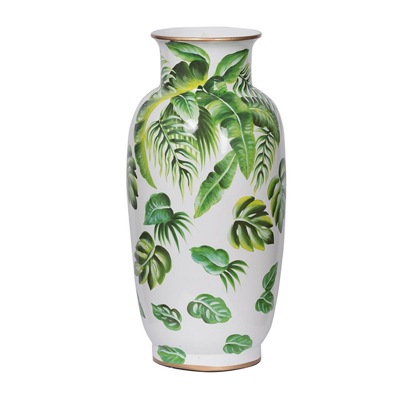 Jesu Decorative Botanical Flamingo Vase- White Green Porcelain- 16 Inch