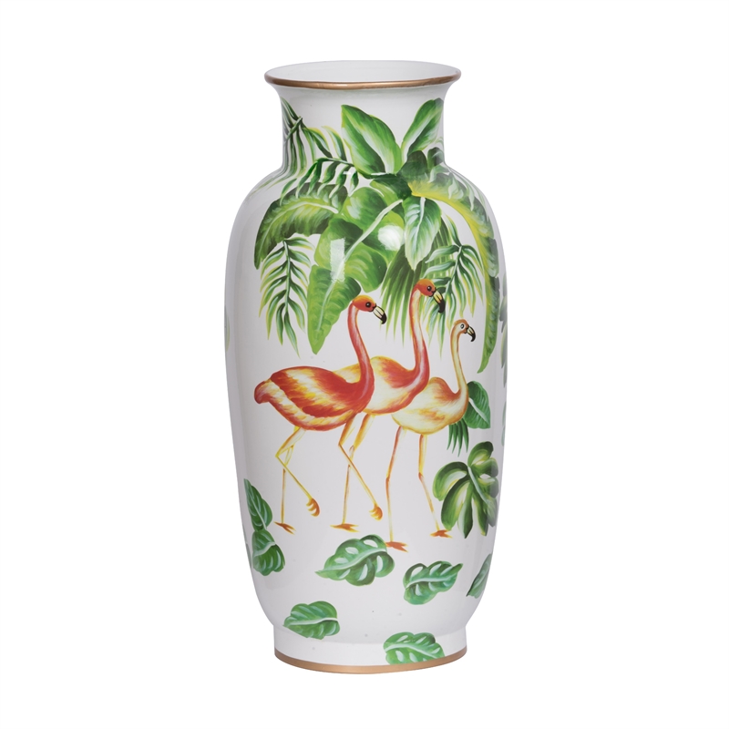 Jesu Decorative Botanical Flamingo Vase- White Green Porcelain- 16 Inch