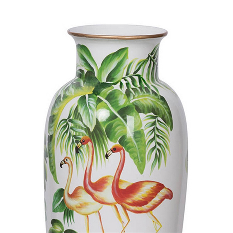 Jesu Decorative Botanical Flamingo Vase- White Green Porcelain- 16 Inch