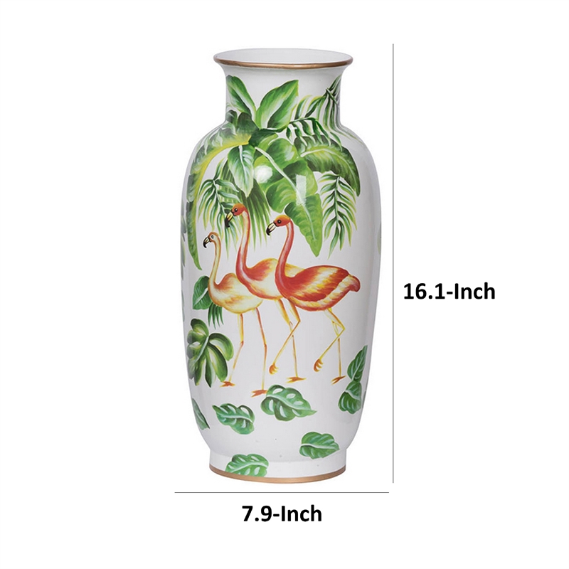 Jesu Decorative Botanical Flamingo Vase- White Green Porcelain- 16 Inch