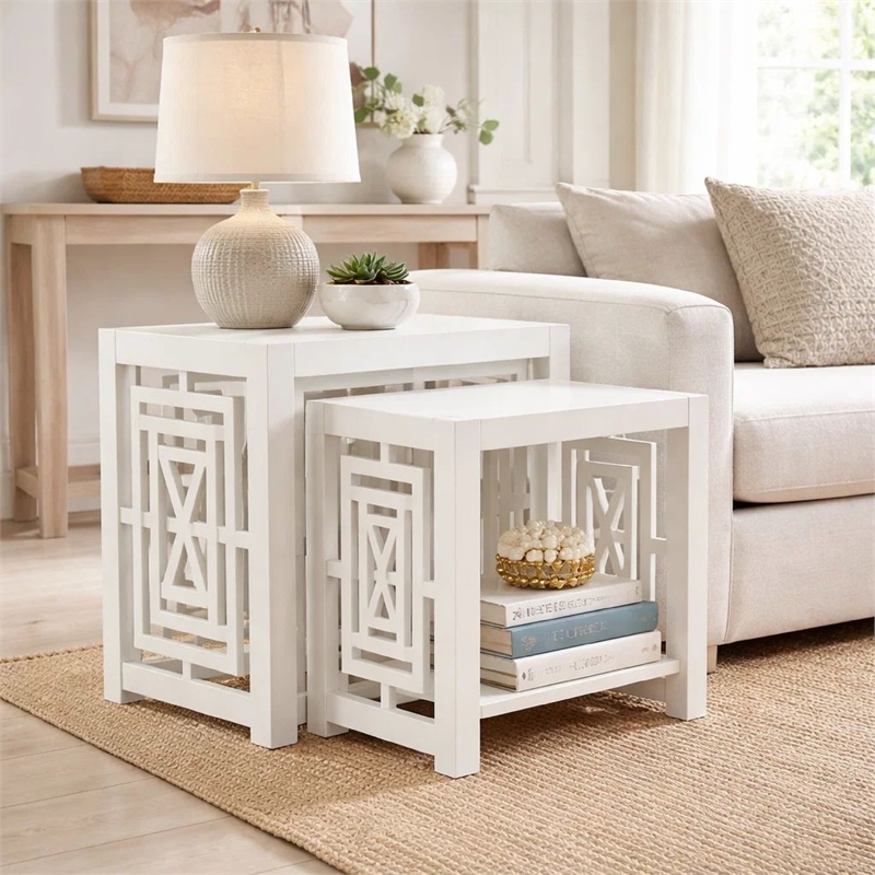 Sumo 2pc Nesting Stool Set- Rectangular Top- Lattice Cutout Sides- White