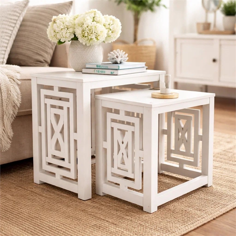 Sumo 2pc Nesting Stool Set- Rectangular Top- Lattice Cutout Sides- White