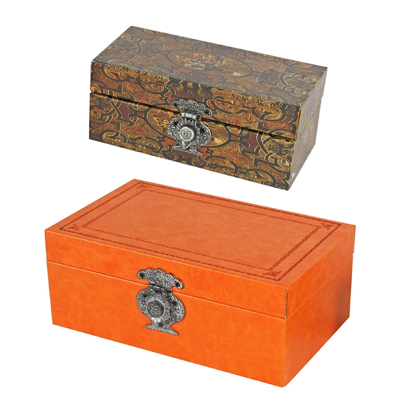 Storage Box Set of 2-  Heritage Motif Faux Leather- Orange Brown