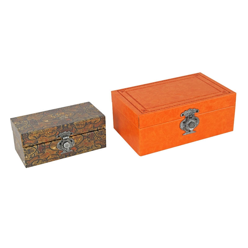 Storage Box Set of 2-  Heritage Motif Faux Leather- Orange Brown
