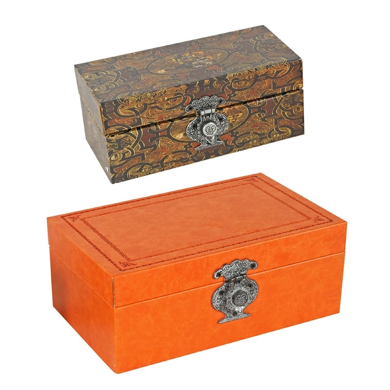 Storage Box Set of 2-  Heritage Motif Faux Leather- Orange Brown