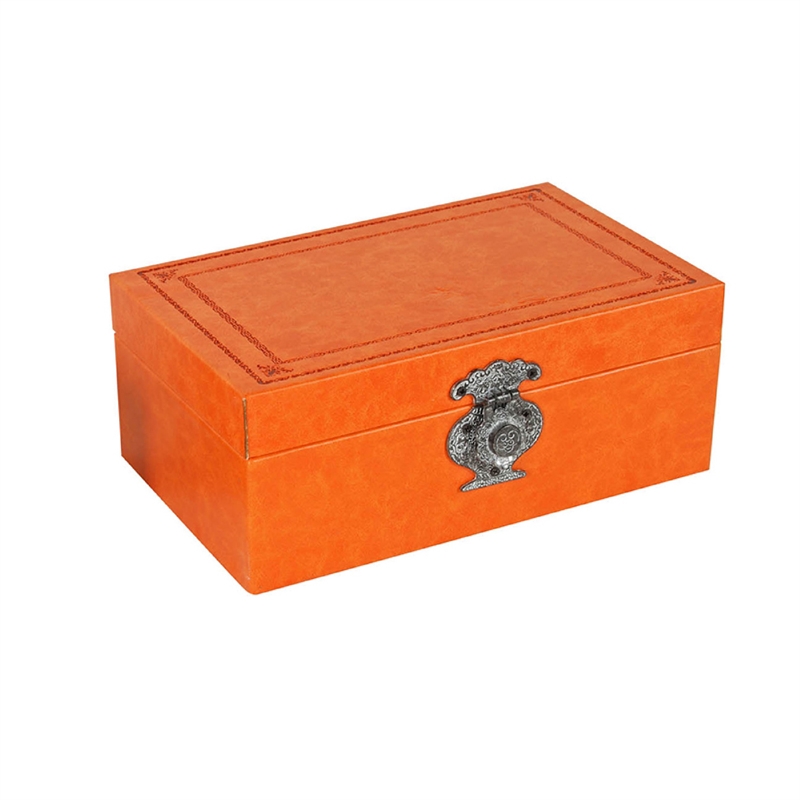 Storage Box Set of 2-  Heritage Motif Faux Leather- Orange Brown