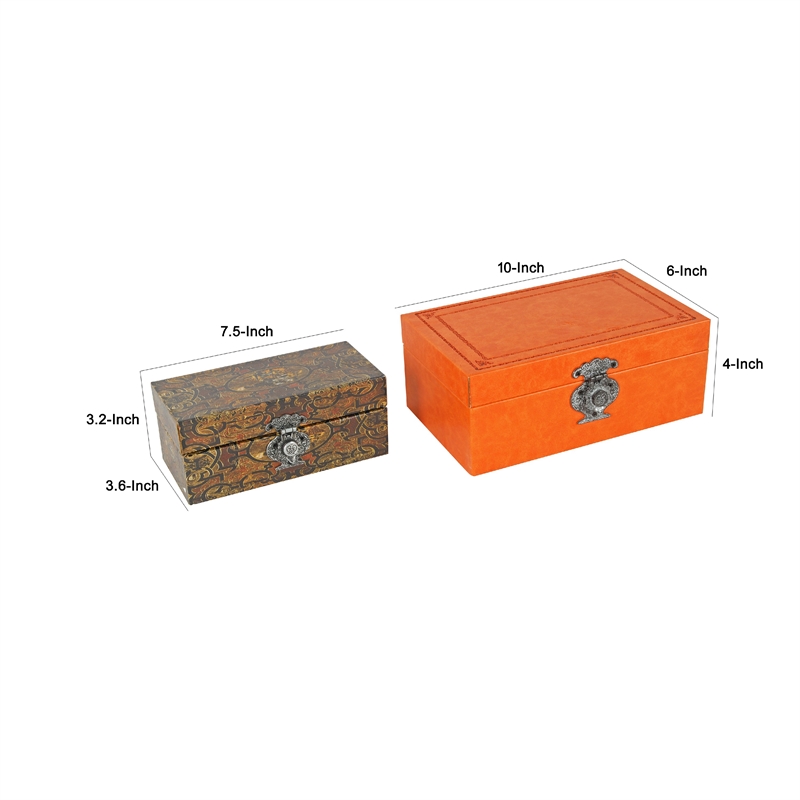 Storage Box Set of 2-  Heritage Motif Faux Leather- Orange Brown