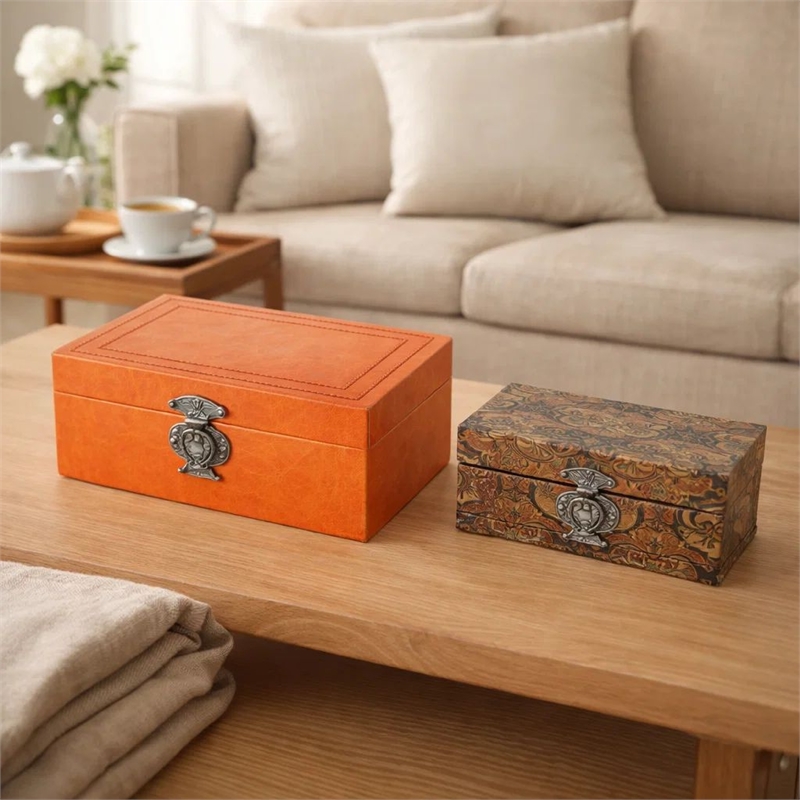 Storage Box Set of 2-  Heritage Motif Faux Leather- Orange Brown
