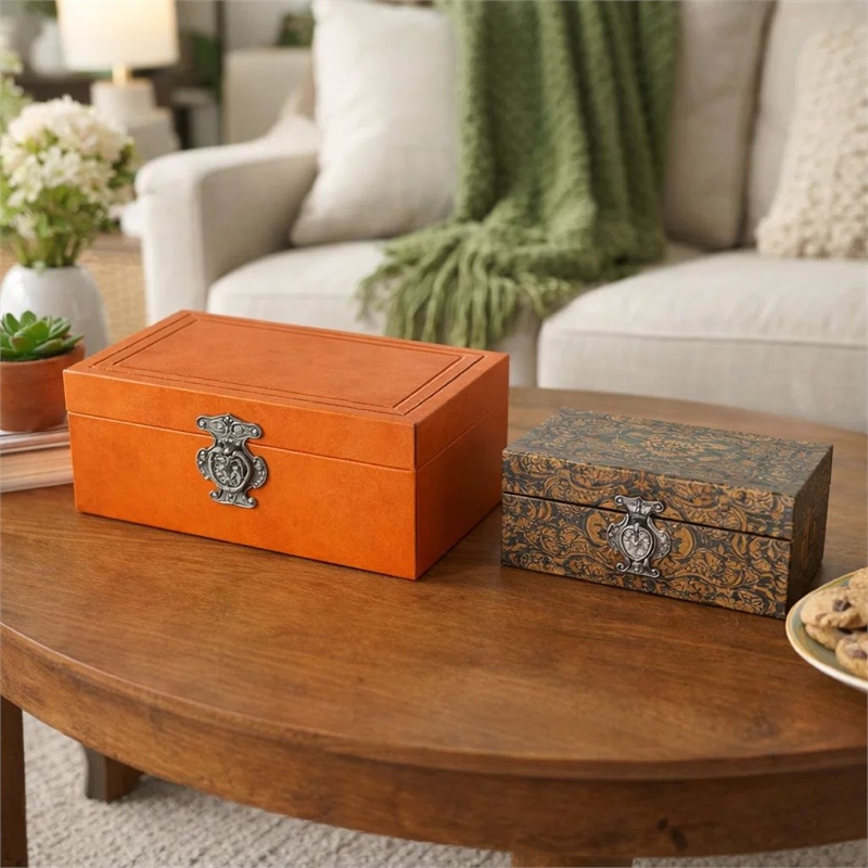 Storage Box Set of 2-  Heritage Motif Faux Leather- Orange Brown