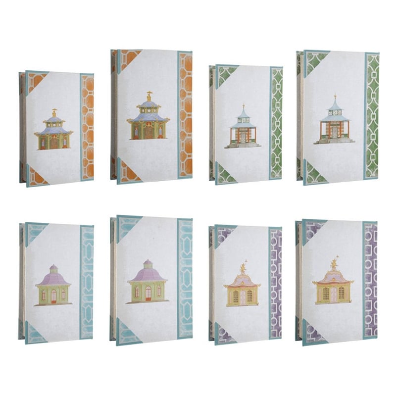 Meer Book Storage Box Set of 8- Chinoiserie Architectural Design- White