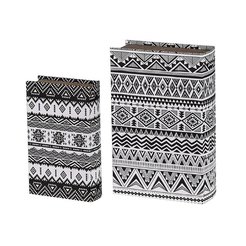 Decorative Book Storage Box Set of 2- White Black Geometric Pattern
