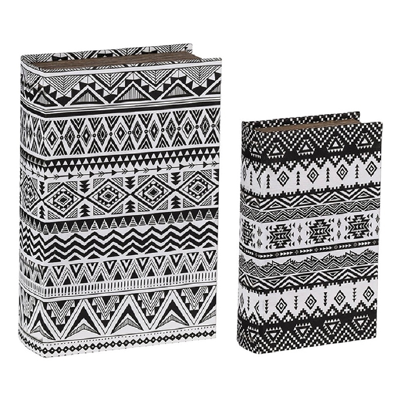 Decorative Book Storage Box Set of 2- White Black Geometric Pattern