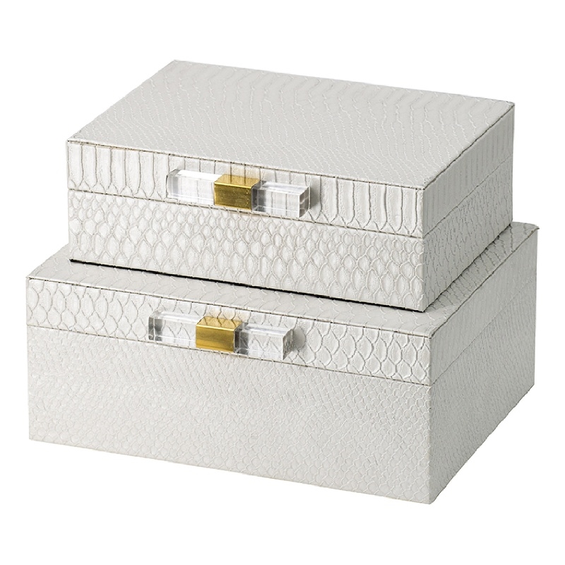 Anop 2pc Storage Box Set- Faux Snakeskin Finish- Flannel Lined- White