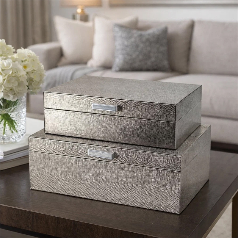Anop 2pc Storage Box Set- Faux Snakeskin Finish- Flannel Lined- Gray