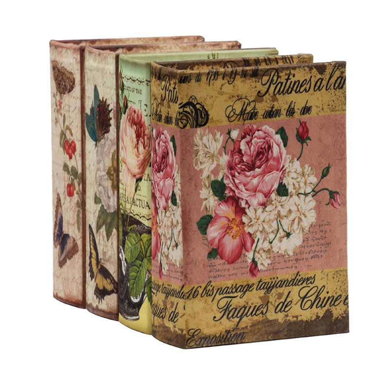 Meer Faux Book Storage Box Set of 4- Vintage Flowers Butterflies- Pink Silk