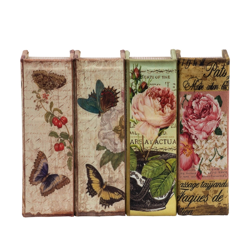Meer Faux Book Storage Box Set of 4- Vintage Flowers Butterflies- Pink Silk