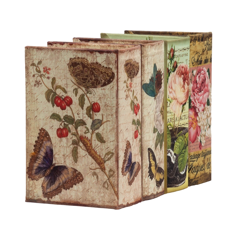 Meer Faux Book Storage Box Set of 4- Vintage Flowers Butterflies- Pink Silk