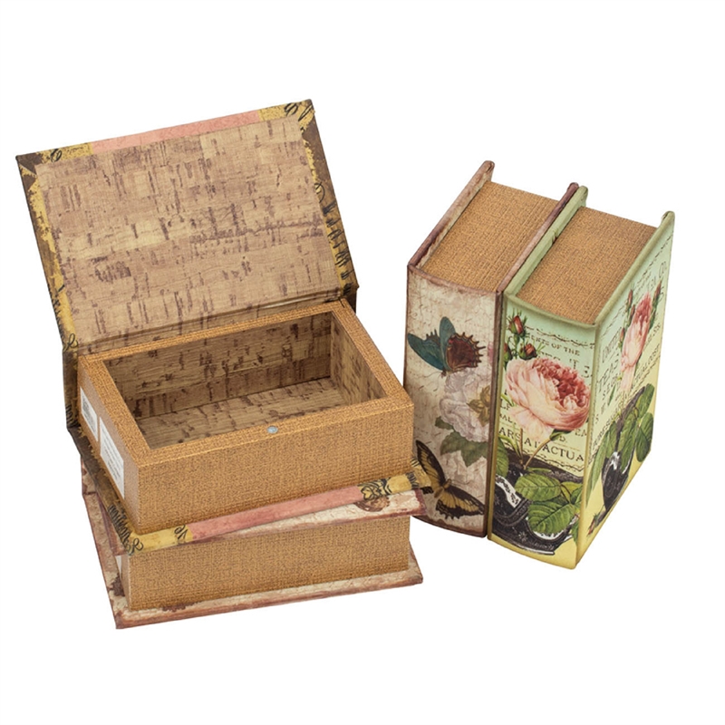 Meer Faux Book Storage Box Set of 4- Vintage Flowers Butterflies- Pink Silk