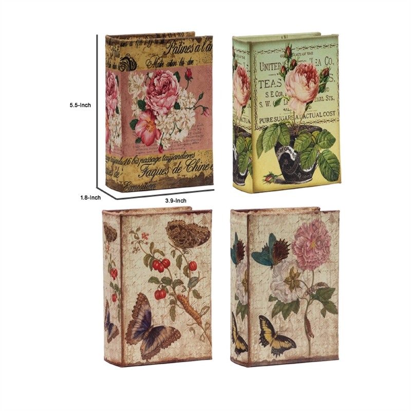 Meer Faux Book Storage Box Set of 4- Vintage Flowers Butterflies- Pink Silk