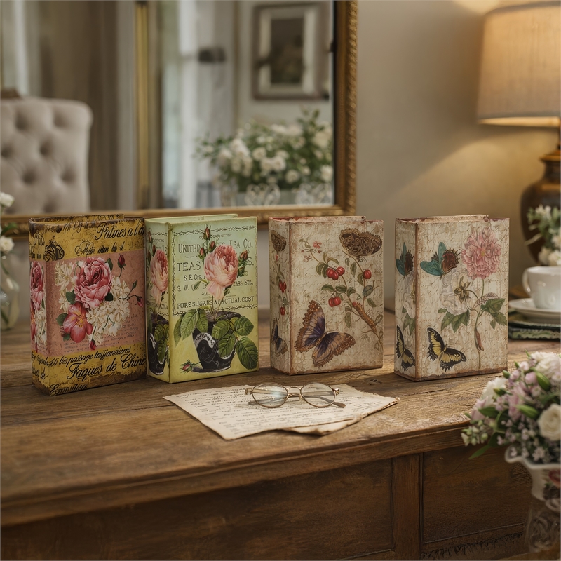 Meer Faux Book Storage Box Set of 4- Vintage Flowers Butterflies- Pink Silk
