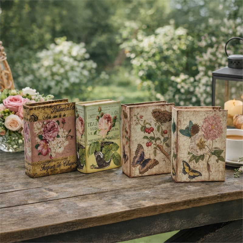 Meer Faux Book Storage Box Set of 4- Vintage Flowers Butterflies- Pink Silk