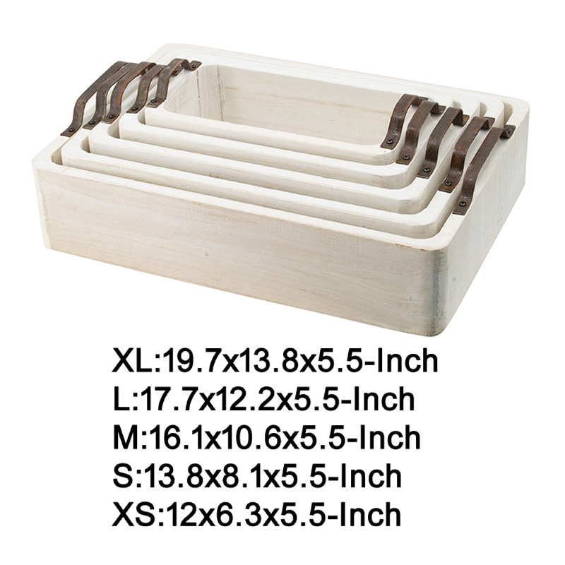 Nive Rectangular Nesting Tray Set of 5- Brown Handles- Whitewash Paulownia