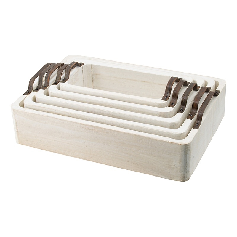 Nive Rectangular Nesting Tray Set of 5- Brown Handles- Whitewash Paulownia