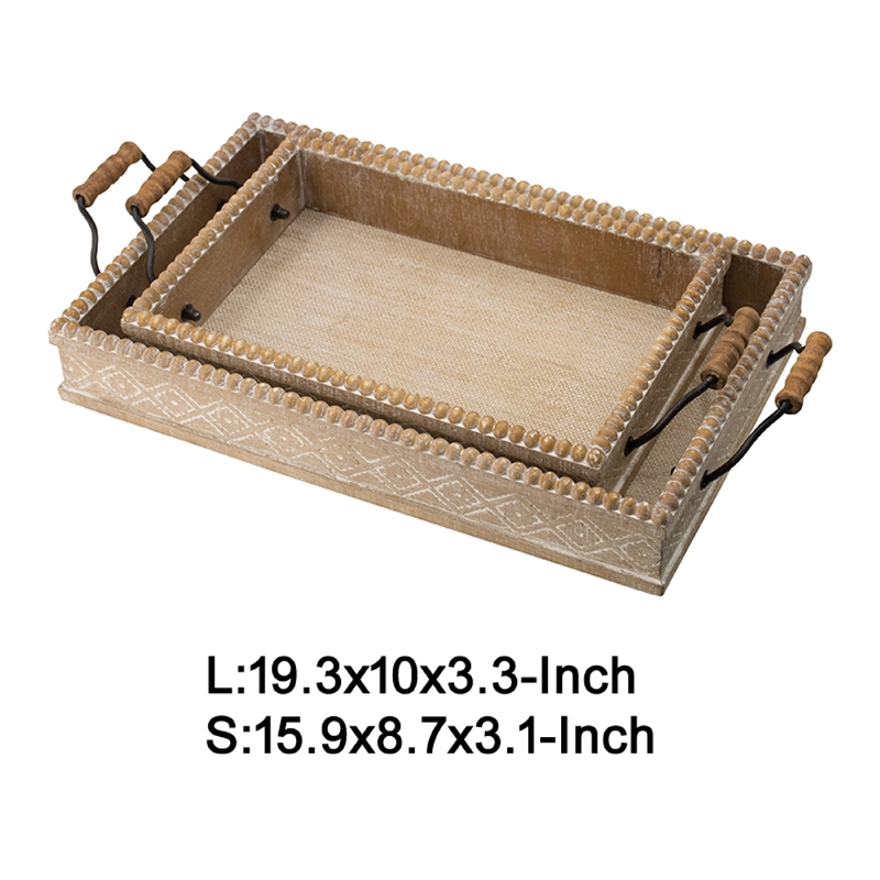 Rectangular Nesting Tray Set of 2- Beaded Edge- Whitewashed Brown Wood