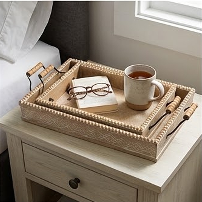 Rectangular Nesting Tray Set of 2- Beaded Edge- Whitewashed Brown Wood