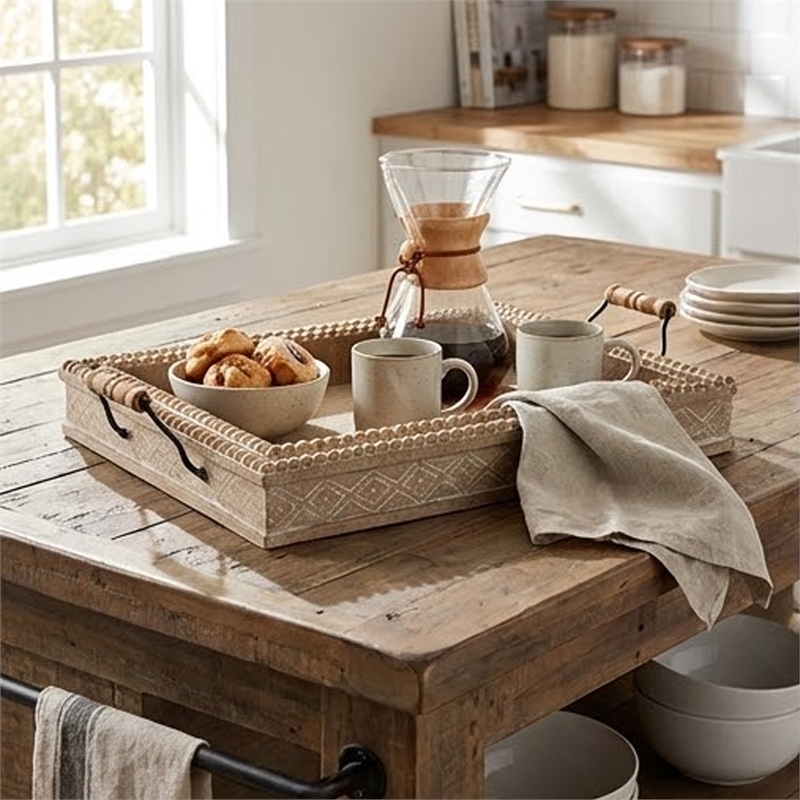 Rectangular Nesting Tray Set of 2- Beaded Edge- Whitewashed Brown Wood