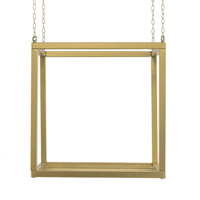 Hanging Open Plant Shelf with Chain- 20 Inch Square Gold Iron Frame