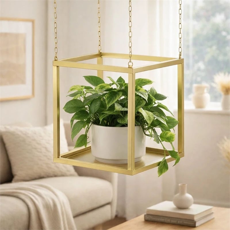 Hanging Open Plant Shelf with Chain- 20 Inch Square Gold Iron Frame