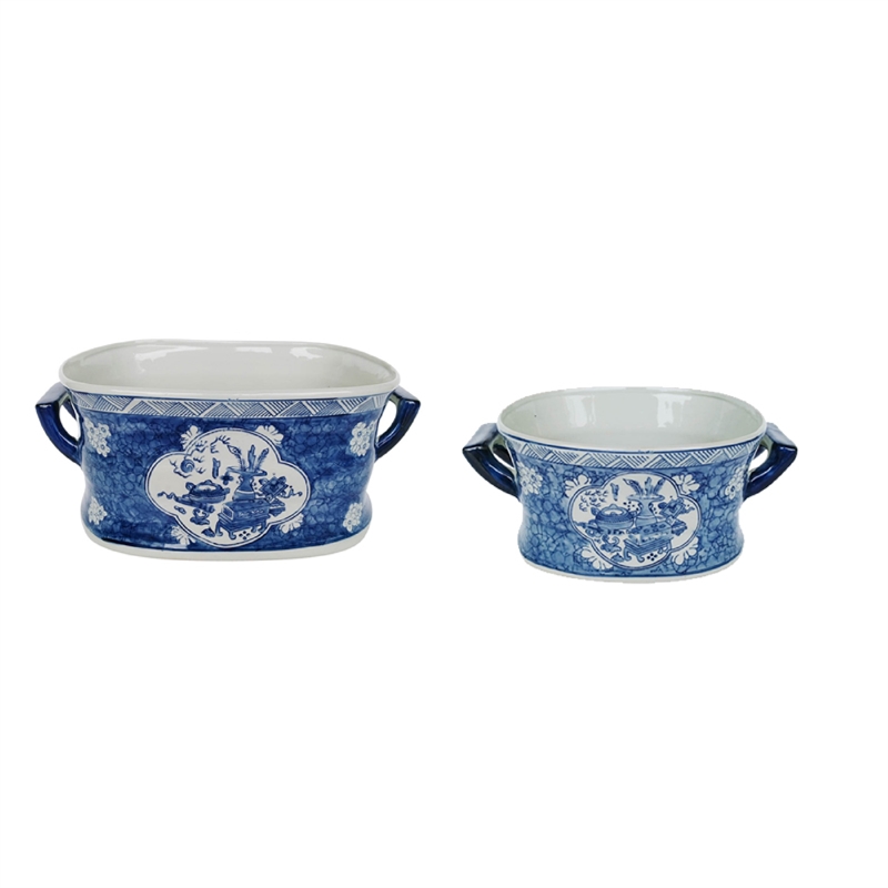 Porcelain Decorative Planter Pots Set of 2- White Blue- 20- 14 Inch