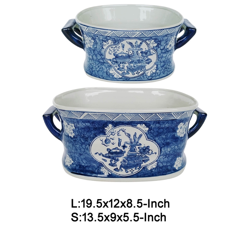 Porcelain Decorative Planter Pots Set of 2- White Blue- 20- 14 Inch