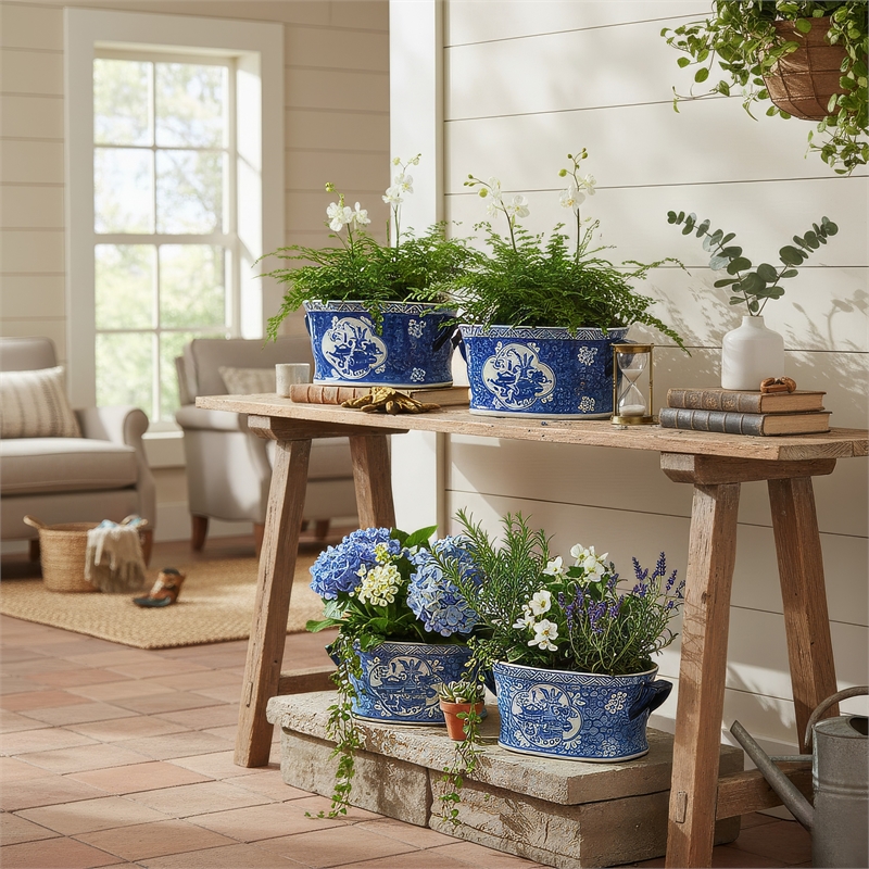 Porcelain Decorative Planter Pots Set of 2- White Blue- 20- 14 Inch
