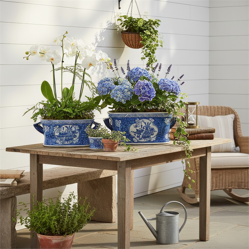 Porcelain Decorative Planter Pots Set of 2- White Blue- 20- 14 Inch