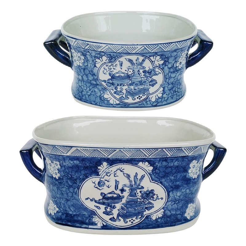 Porcelain Decorative Planter Pots Set of 2- White Blue- 20- 14 Inch