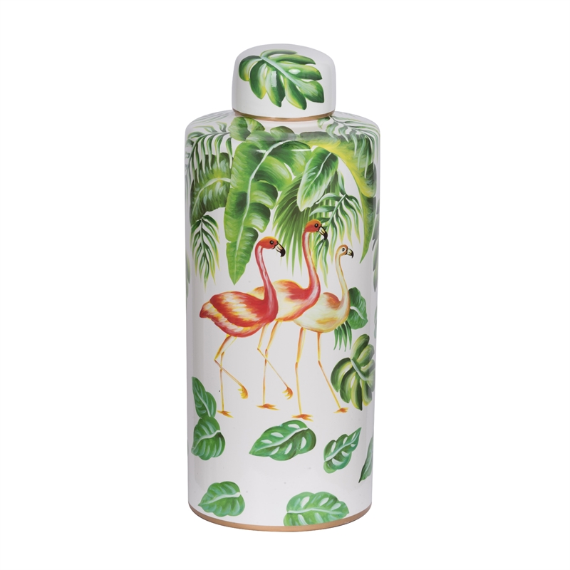 Jesu Decorative Botanical Flamingo Jar- White Green Porcelain- 18 Inch