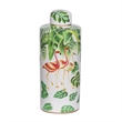 Jesu Decorative Botanical Flamingo Jar- White Green Porcelain- 18 Inch