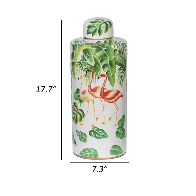 Jesu Decorative Botanical Flamingo Jar- White Green Porcelain- 18 Inch