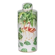 Jesu Decorative Botanical Flamingo Jar- White Green Porcelain- 18 Inch