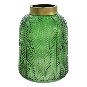 Dsy Floral Vase with Gold Rim- Embossed Fern Leaf- Green Glass 8 Inch