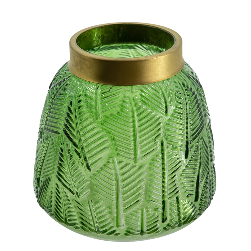 Dsy Floral Vase with Gold Rim- Embossed Fern Leaf- Green Glass 6 Inch